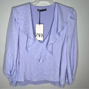 C27 NWT Zara Long Sleeve Frilled Collar Blouse Size XS Ruffle Minimalist